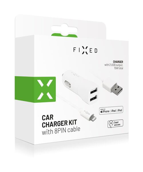 Set autonabíječky FIXED s 2xUSB výstupem a USB/Lightning kabelu, 1 metr, MFI certifikace, 15W Smart