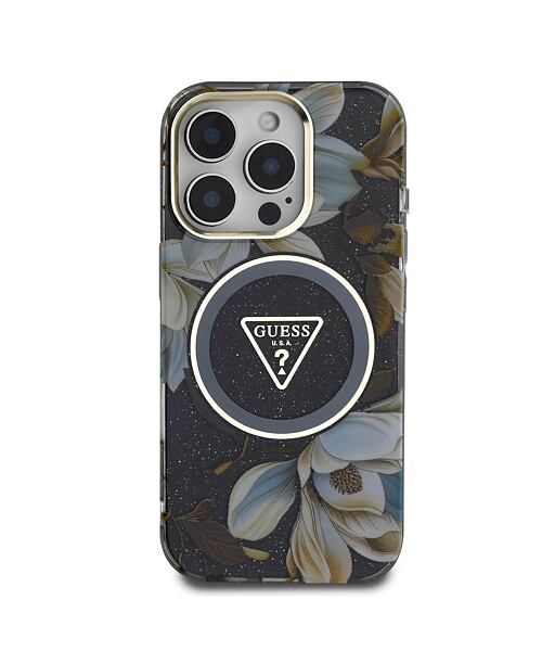 Guess IML Glitter Magnolia and Triangle Logo MagSafe Zadní Kryt pro iPhone 16 Pro Max Black