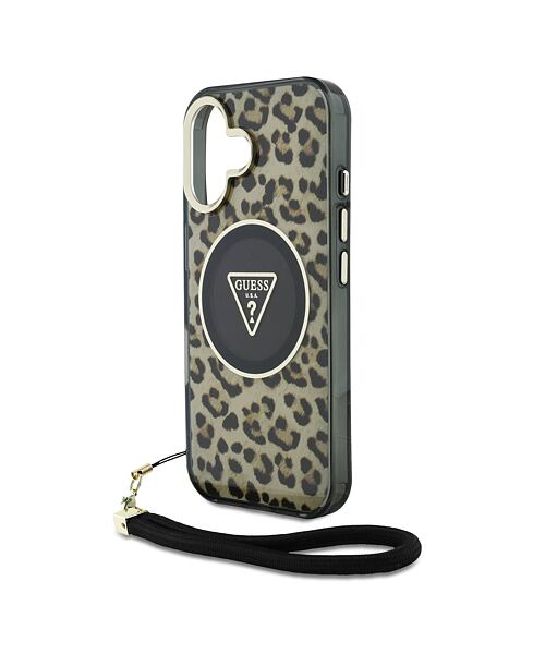 Guess IML Leopard Triangle Logo Strap MagSafe Zadní Kryt pro iPhone 16 Brown