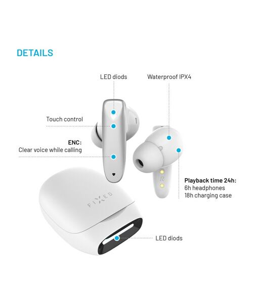 Bezdrátová herní TWS sluchátka FIXED Game Pods s radiofrekvenčním připojením, bílá