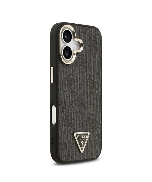 Guess PU Leather 4G Strass Triangle Logo Gold Frame MagSafe Zadní Kryt pro iPhone 17 Black