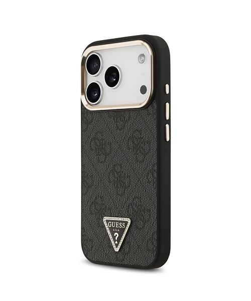 Guess PU Leather 4G Strass Triangle Logo Gold Frame MagSafe Zadní Kryt pro iPhone 17 Pro Black