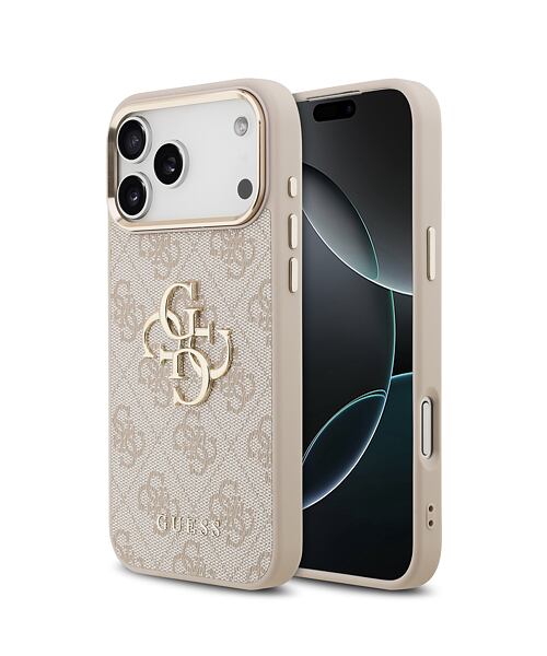 Guess PU Leather 4G Metal Logo Gold Frame Zadní Kryt pro iPhone 17 Pro Max Pink