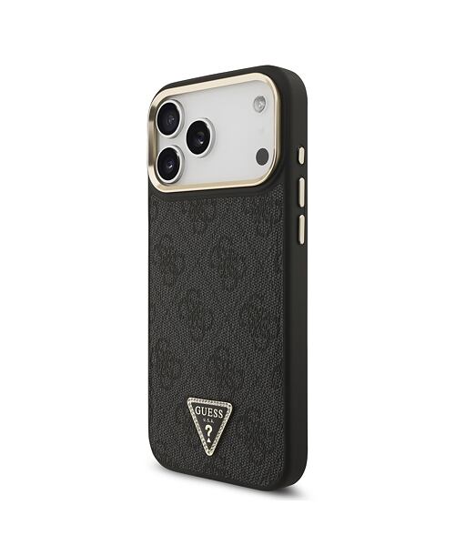 Guess PU Leather 4G Strass Triangle Logo Gold Frame MagSafe Zadní Kryt pro iPhone 17 Pro Max Black