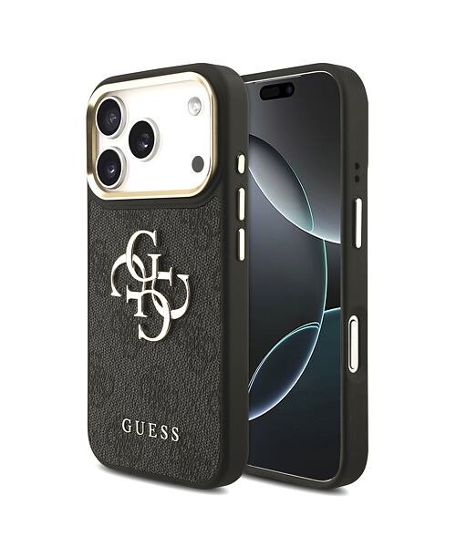 Guess PU Leather 4G Metal Logo Gold Frame Zadní Kryt pro iPhone 17 Pro Black