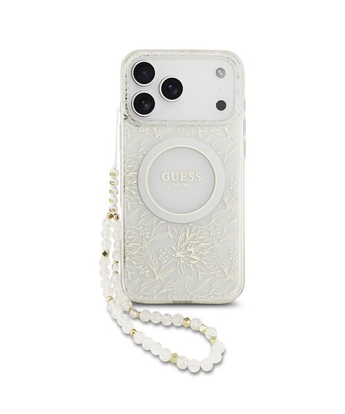 Guess IML Flowers Allover Strap MagSafe Zadní Kryt pro iPhone 17 Pro Max White