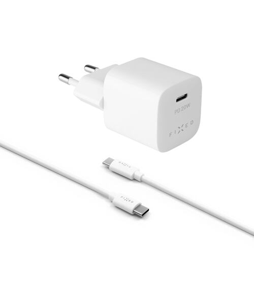 FIXED Mini Set síťové nabíječky s USB-C výstupem a USB-C/USB-C kabelu podpora PD 1m 20W White