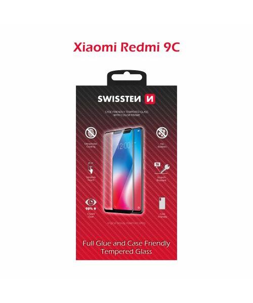 SKLO SWISSTEN FULL GLUE, COLOR FRAME, CASE FRIENDLY PRO XIAOMI REDMI 9C ČERNÉ
