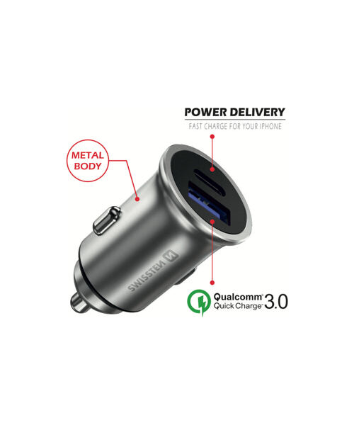 SWISSTEN CL ADAPTÉR POWER DELIVERY USB-C + QUICK CHARGE 3.0 36W METAL STŘÍBRNÝ
