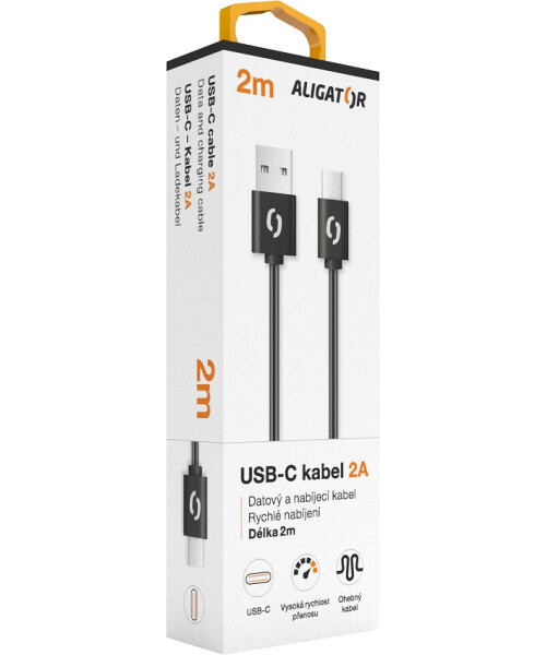 Datový kabel ALIGATOR 2A USB-C 2m, černý