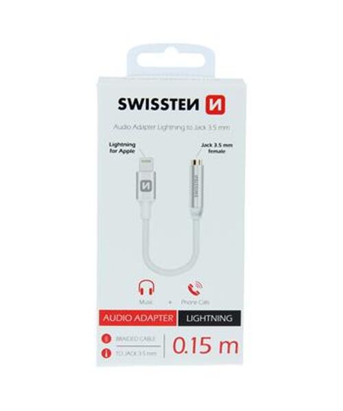 AUDIO ADAPTÉR SWISSTEN TEXTILE LIGHTNING /JACK(samice) 0,15 M STŘÍBRNÝ