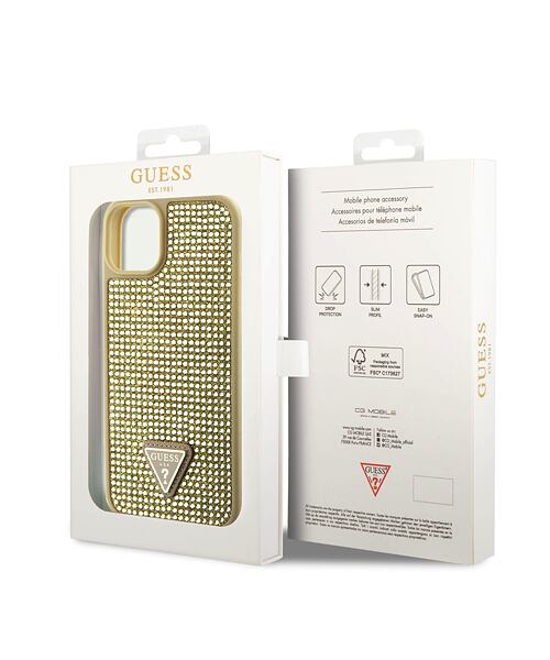 Guess Rhinestones Triangle Metal Logo Kryt pro iPhone 15 Gold