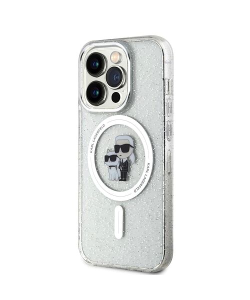 Karl Lagerfeld IML Glitter Karl and Choupette MagSafe Zadní Kryt pro iPhone 15 Pro Transparent