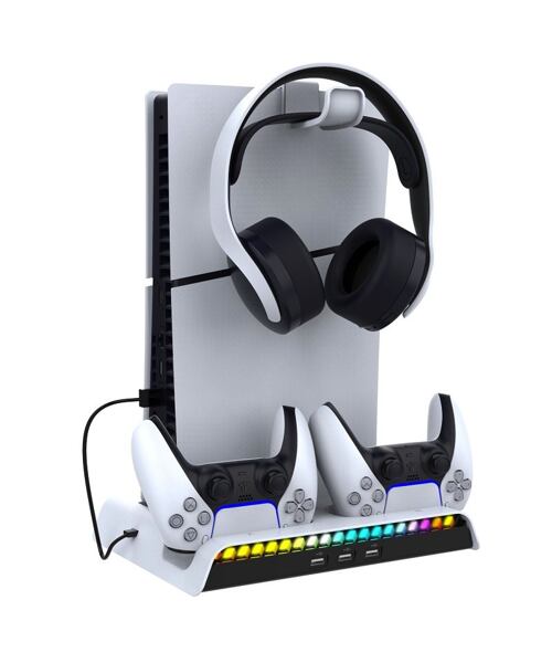 iPega P5S006 Multifunkční Nabíjecí RGB Stojan s Chlazením pro PS5 Slim White