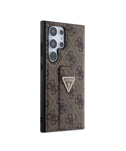Guess PU Grip Stand 4G Strass Triangle Metal Logo Zadní Kryt pro Samsung Galaxy S24 Ultra  Brown