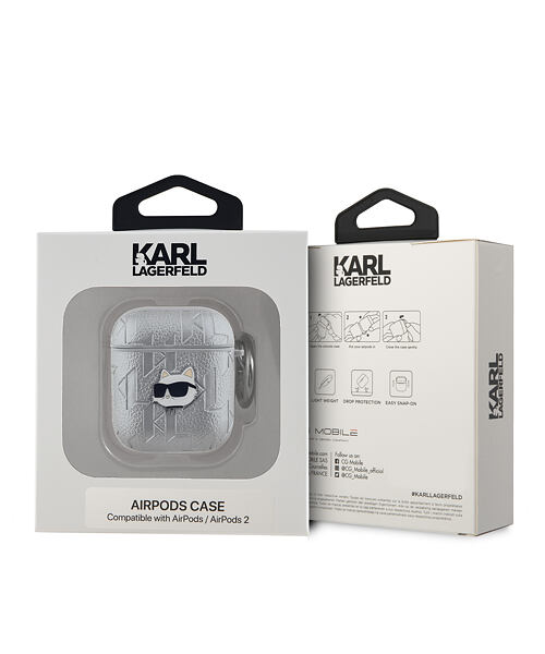 Karl Lagerfeld PU Embossed Choupette Head Pouzdro pro AirPods 1/2 Silver