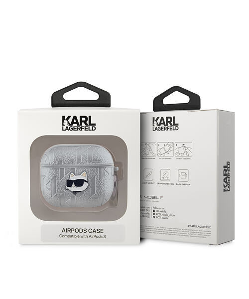 Karl Lagerfeld PU Embossed Choupette Head Pouzdro pro AirPods Pro 2 Silver