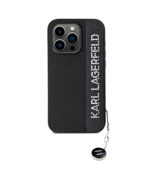 Karl Lagerfeld PU Saffiano Rhinestone Charm Zadní Kryt pro iPhone 15 Pro Black