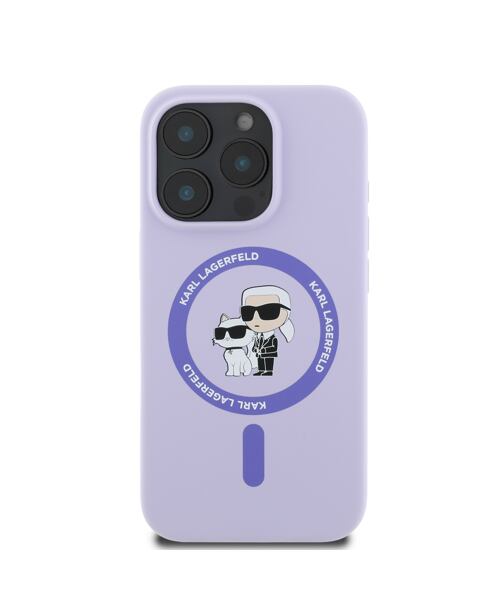 Karl Lagerfeld Liquid Silicone Karl and Choupette MagSafe Zadní Kryt pro iPhone 16 Pro Purple