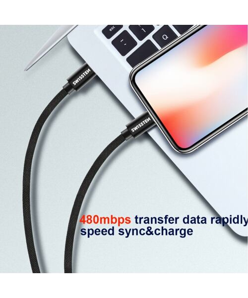 DATOVÝ KABEL SWISSTEN TEXTILE USB-C / LIGHTNING MFi 1,2 M ČERNÝ