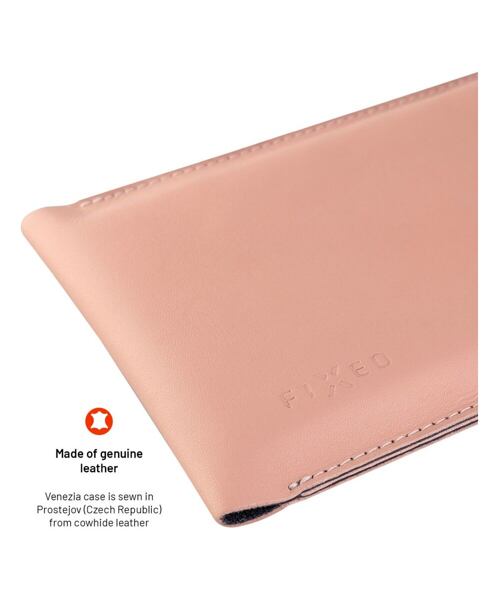 Kožená taštička přes rameno s kapsou FIXED Venezia pro 7" mobilní telefony s béžovým řetízkem, pudro