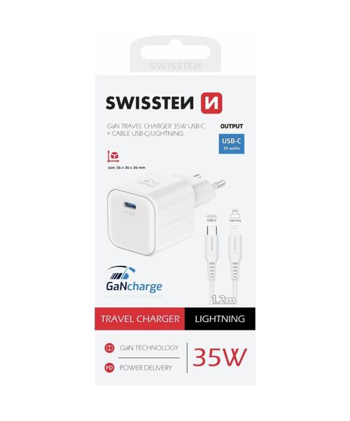 SWISSTEN SÍŤOVÝ ADAPTÉR GaN 1x USB-C 35W POWER DELIVERY BÍLÝ + DATOVÝ KABEL USB-C/LIGHTNING 1,2 M BÍ