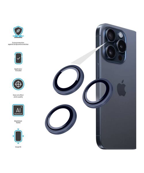 Ochranná skla čoček fotoaparátů FIXED Camera Glass pro Apple iPhone 15 Pro/15 Pro Max, tmavě modrá