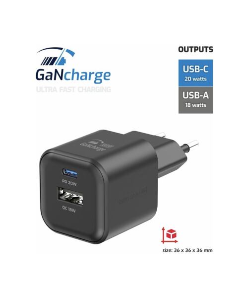 SWISSTEN SÍŤOVÝ ADAPTÉR GaN 1x USB-C 20W PD + 1x USB-A 18W QC ČERNÝ