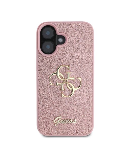 Guess PU Fixed Glitter 4G Metal Logo Zadní Kryt pro iPhone 16 Pink