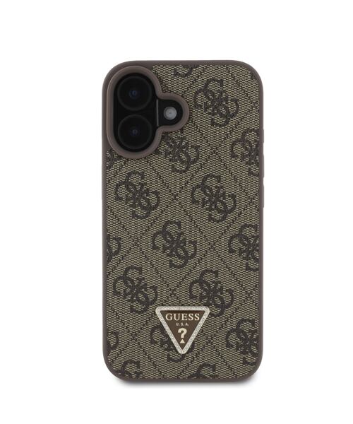 Guess PU 4G Strass Triangle Metal Logo Zadní Kryt pro iPhone 16 Brown
