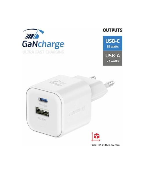 SWISSTEN SÍŤOVÝ ADAPTÉR GaN 1x USB-C 35W PD + 1x USB-A 27W QC BÍLÝ