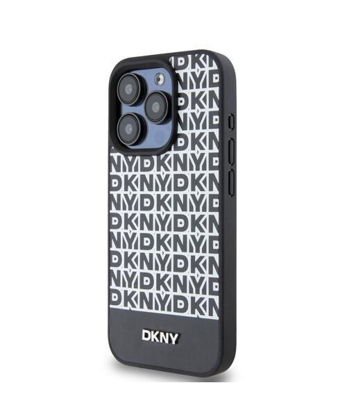 DKNY PU Leather Repeat Pattern Bottom Stripe MagSafe Zadní Kryt pro iPhone 15 Pro Black