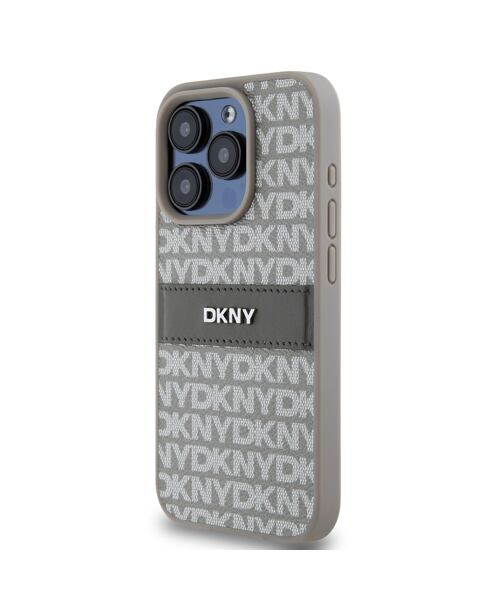 DKNY PU Leather Repeat Pattern Tonal Stripe Zadní Kryt pro iPhone 14 Pro Max Beige