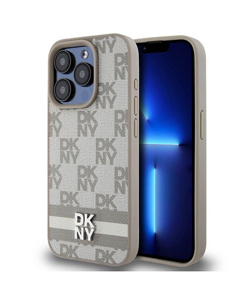 DKNY PU Leather Checkered Pattern and Stripe Zadní Kryt pro iPhone 13 Pro Max Beige