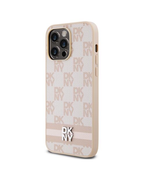 DKNY PU Leather Checkered Pattern and Stripe Zadní Kryt pro iPhone 15 Pro Max Pink