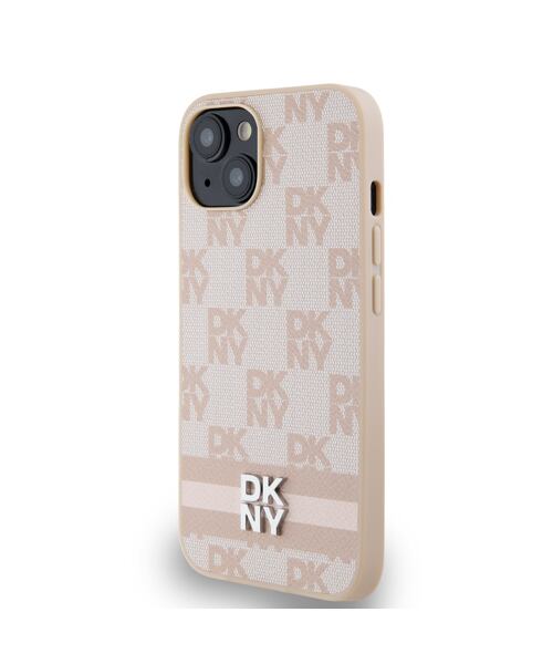 DKNY PU Leather Checkered Pattern and Stripe Zadní Kryt pro iPhone 14 Pink