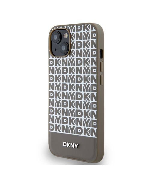 DKNY PU Leather Repeat Pattern Bottom Stripe MagSafe Zadní Kryt pro iPhone 15 Brown