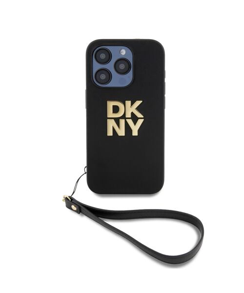 DKNY PU Leather Stack Logo Wrist Strap Zadní Kryt pro iPhone 15 Pro Black