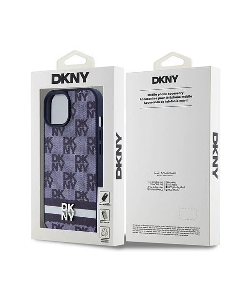 DKNY PU Leather Checkered Pattern and Stripe Zadní Kryt pro iPhone 15 Blue