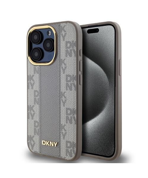 DKNY PU Leather Checkered Pattern Magsafe Zadní Kryt pro iPhone 15 Pro Beige