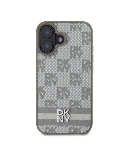 DKNY PU Leather Checkered Pattern and Stripe Zadní Kryt pro iPhone 16 Beige