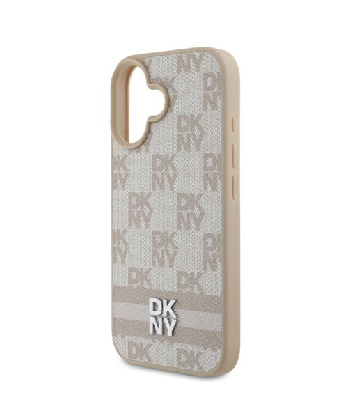DKNY PU Leather Checkered Pattern and Stripe Zadní Kryt pro iPhone 16 Pink