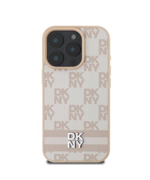 DKNY PU Leather Checkered Pattern and Stripe Zadní Kryt pro iPhone 16 Pro Max Pink