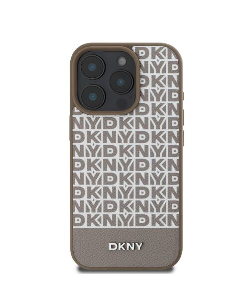 DKNY PU Leather Repeat Pattern Bottom Stripe MagSafe Zadní Kryt pro iPhone 16 Pro Brown