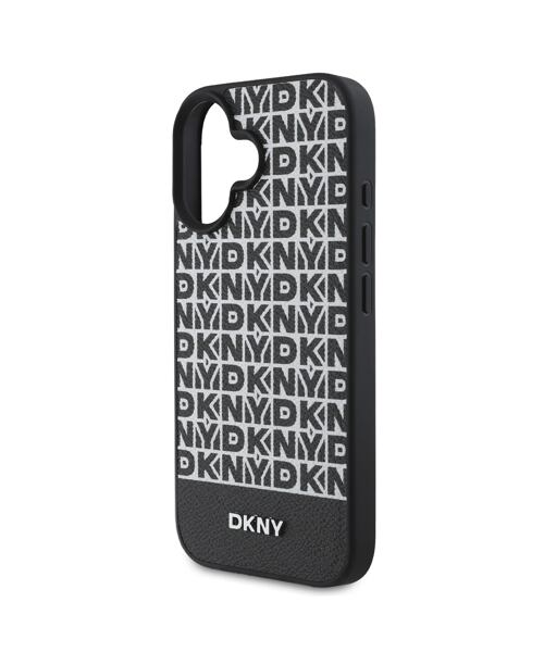 DKNY PU Leather Repeat Pattern Bottom Stripe MagSafe Zadní Kryt pro iPhone 16 Plus Black