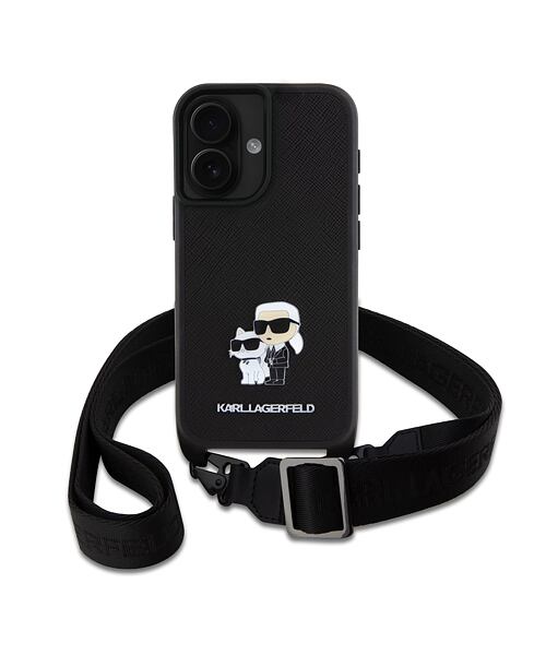Karl Lagerfeld Saffiano Crossbody Popruh Metal Karl and Choupette Zadní Kryt pro iPhone 16 Plus Blac