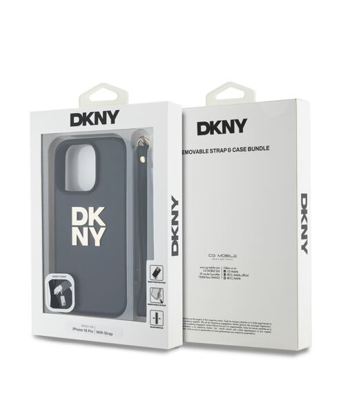 DKNY PU Leather Stack Logo Wrist Strap Zadní Kryt pro iPhone 16 Pro Black