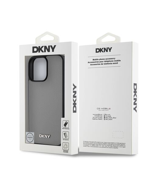 DKNY PU Leather Silver Metal Logo Magsafe Zadní Kryt pro iPhone 16 Pro Max Grey