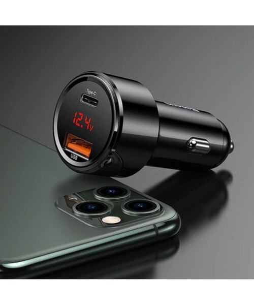 Baseus nabíječka do auta Magic USB-C PD, USB-A 45W s displejem černá