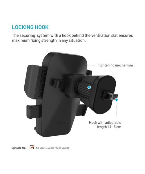 Univerzální držák do auta FIXED Iconiq Lock s úchytem do ventilační mřížky, černý